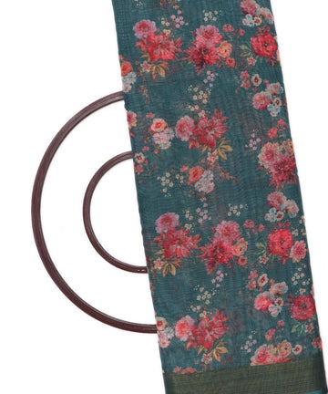 teal green digital floral printed zari border doria linen fabric